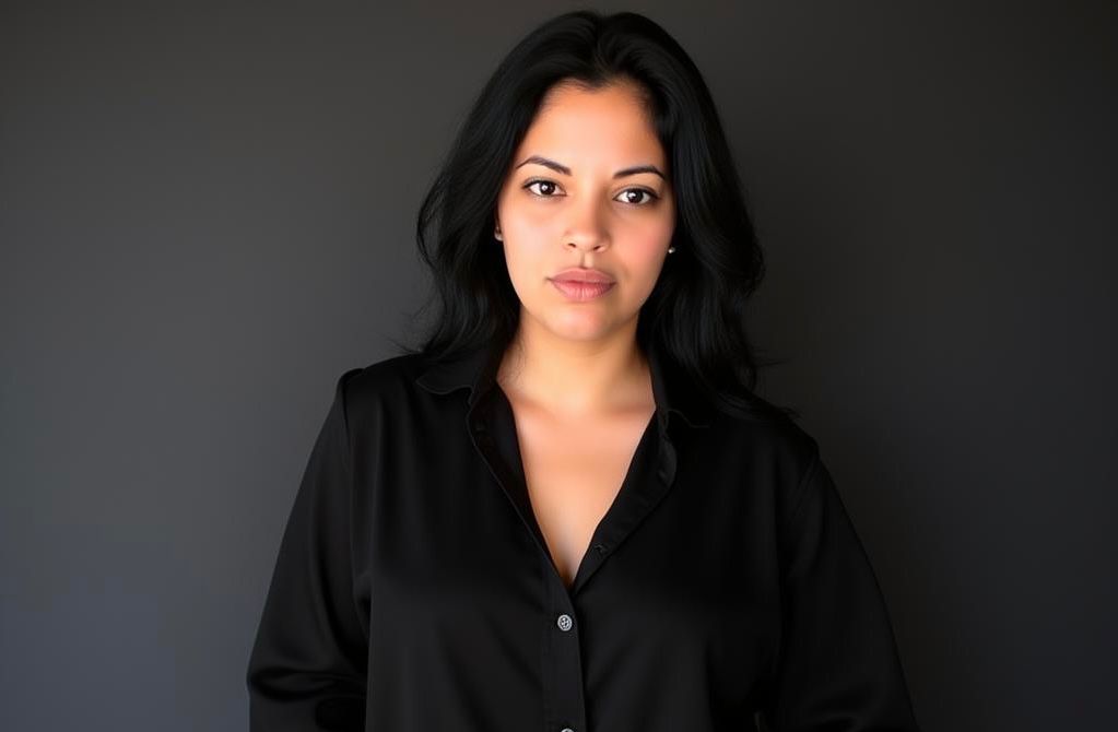 Portrait of a woman with long black hair wearing a black buttoned shirt against a dark gray background.