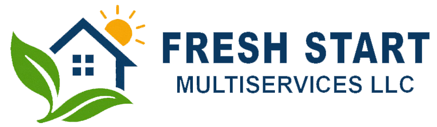 Logo of Fresh Start Multiservices LLC featuring a house with green leaves and a yellow sun.