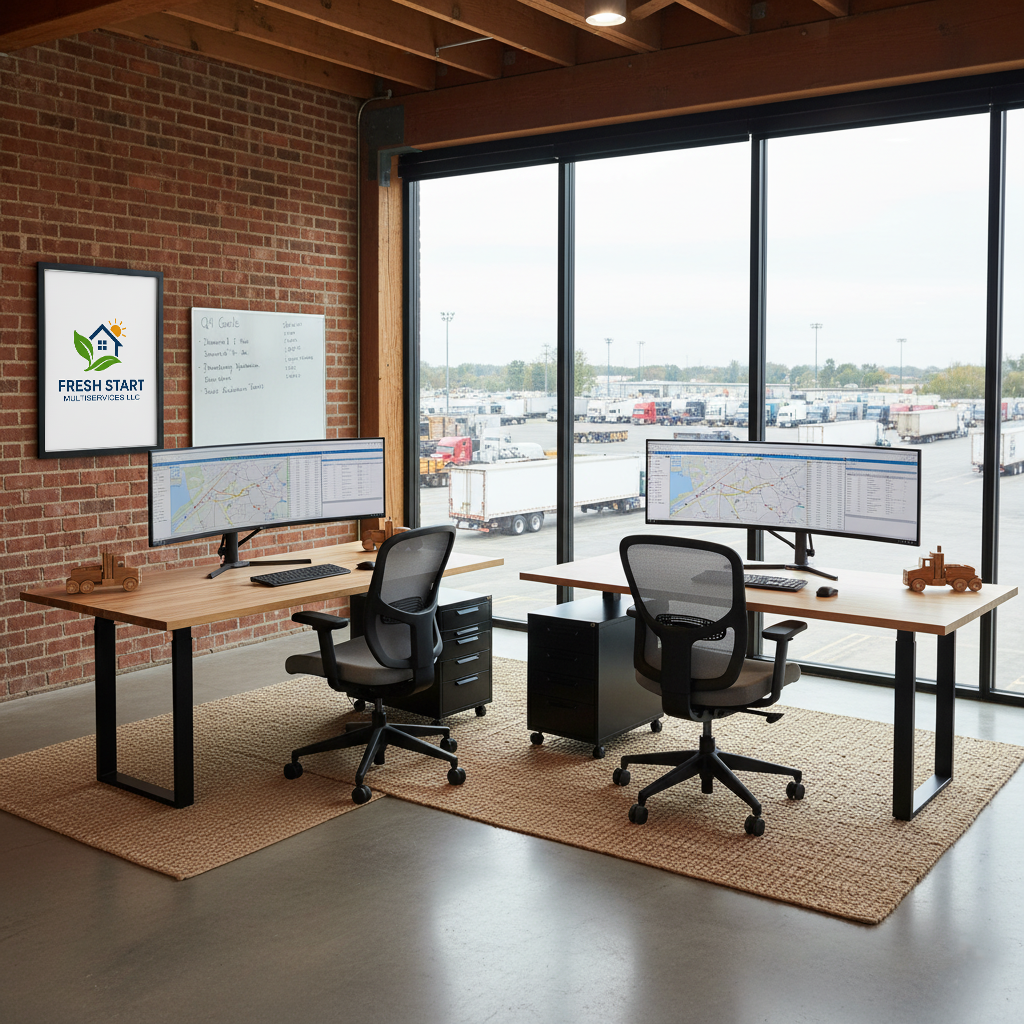 Modern office with two workstations featuring curved monitors displaying maps and data, mesh office chairs, framed Fresh Start Multiservices LLC logo on brick wall, whiteboard with handwritten notes, and large windows overlooking a truck yard.
