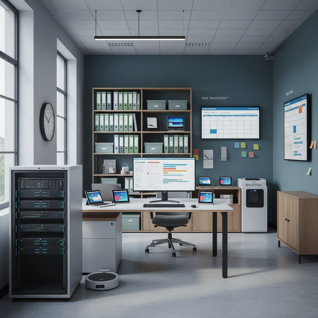 Modern office with a large desk holding a monitor, laptops, and tablets, surrounded by shelves with binders, two wall-mounted calendars, a server rack, and a robotic vacuum on the floor.