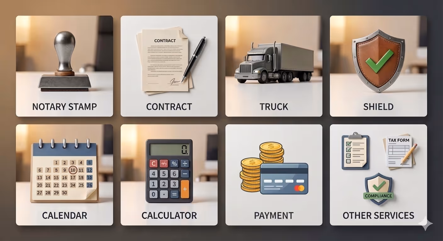 Grid of eight service icons including notary stamp, contract with pen, truck, shield with checkmark, calendar with marked dates, calculator, stacks of coins with credit card, and compliance documents with shield and checklist.